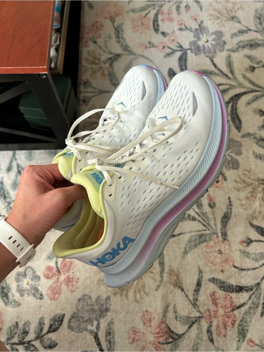 Hoka White Women's Running Shoes with Blue Logo and Pastel Accents